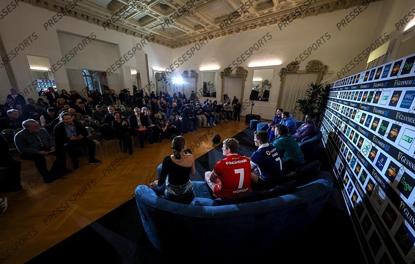 2024 Guinness Six Nations Championship Launch, Rome, Italy 21/1/2025 Pictured (L-R) France’s Antoine Dupont, Italy’s Michele Lamaro, England’s Maro Itoje, Ireland’s Caelan Doris, Scotland’s Rory Darge and Wales’ Jac Morgan at the launch of the 2025 Guinness Men’s Six Nations Championship at the Colosseum in Rome Mandatory Credit ©INPHO/Billy Stickland PRESENTATION TOURNOI DES VI NATIONS 