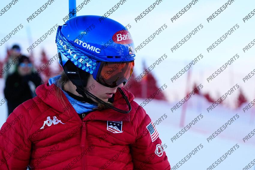 COURCHEVEL, FRANCE - JANUARY 30: Mikaela Shiffrin of Team United States inspects the course during the Audi FIS Alpine Ski World Cup Women's Slalom on January 30, 2025 in Courchevel, France. (Photo by Millo Moravski/Agence Zoom) SLALOM FEMMES COURCHEVEL 