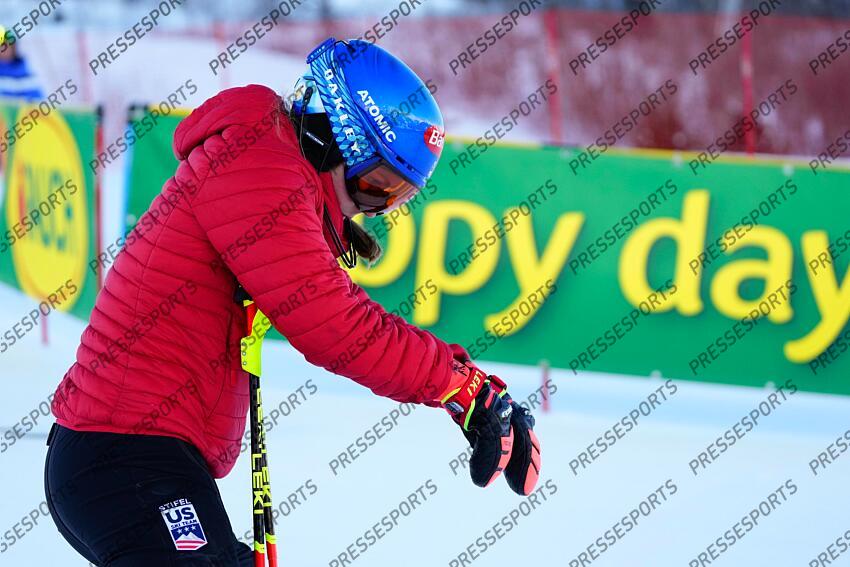 COURCHEVEL, FRANCE - JANUARY 30: Mikaela Shiffrin of Team United States inspects the course during the Audi FIS Alpine Ski World Cup Women's Slalom on January 30, 2025 in Courchevel, France. (Photo by Millo Moravski/Agence Zoom) SLALOM FEMMES COURCHEVEL 