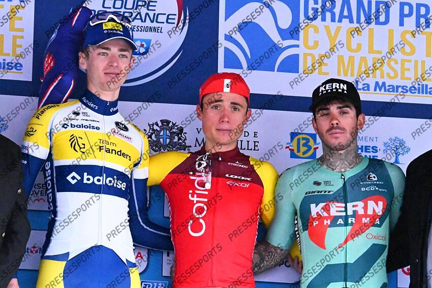 GRAND PRIX DE MARSEILLE / MARSEILLE / 02-02-2025 / PHOTO BRUNO BADE / VALENTIN FERRON (FRA) COF VAINQUEUR, VINCENT VAN HEMELEN (BEL) FLANDERS BALOISE 2È, FRANCISCO GALVAN (ESP) KERN PHARMA 3È / GRAND PRIX LA MARSEILLAISE 