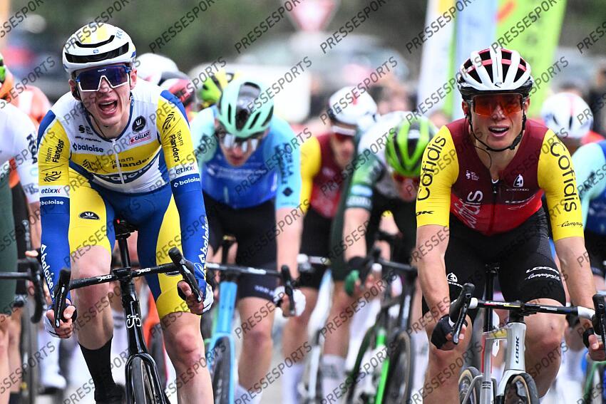 GRAND PRIX DE MARSEILLE / MARSEILLE / 02-02-2025 / PHOTO BRUNO BADE / SPRINT FINAL: VALENTIN FERRON (FRA) COF L'EMPORTE DEVANT VINCENT VAN HEMELEN (BEL) FLANDERS BALOISE ET FRANCISCO GALVAN (ESP) KERN PHARMA / GRAND PRIX LA MARSEILLAISE 