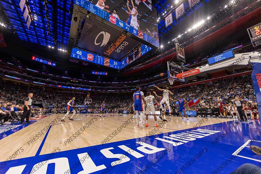 Feb 5, 2025; Detroit, Michigan, USA; A wide view of the game between the Detroit Pistons and the Cleveland Cavaliers during the first half at Little Caesars Arena. Mandatory Credit: David Reginek-Imagn Images NBA: Cleveland Cavaliers at Detroit Pistons 