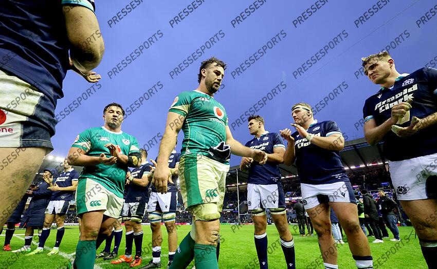 2025 Guinness Six Nations Championship Round 2, Scottish Gas Murrayfield, Edinburgh, Scotland 9/2/2025 Scotland vs Ireland Ireland's Thomas Clarkson and Caelan Doris leave the pitch after winning the match Mandatory Credit ©INPHO/Billy Stickland ECOSSE-IRLANDE (18-32) 