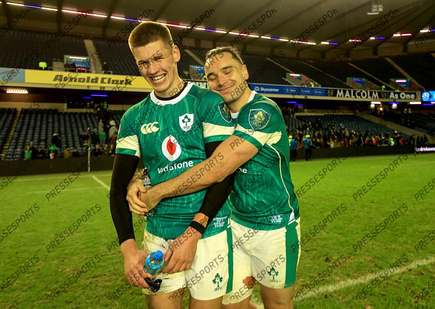 2025 Guinness Six Nations Championship Round 2, Scottish Gas Murrayfield, Edinburgh, Scotland 9/2/2025 Scotland vs Ireland Ireland's Sam Prendergast and James Lowe Mandatory Credit ©INPHO/Dan Sheridan ECOSSE-IRLANDE (18-32) 