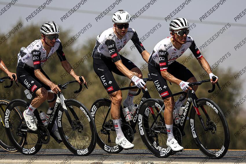 Tour of Oman 2025 - 14th Edition - 4th stage Oman Across Ages Museum - Oman Convention and Exhibition Center 181,5 km - 11/02/2025 - Rafal Majka (POL - UAE Team Emirates - XRG) - Florian Vermeersch (BEL - UAE Team Emirates - XRG) - Adam Yates (GBR - UAE Team Emirates - XRG) - photo Alessandro Perrone/SprintCyclingAgency©2025 OMAN ACROSS AGES MUSEUM/OMAN CONVENTION CENTER 