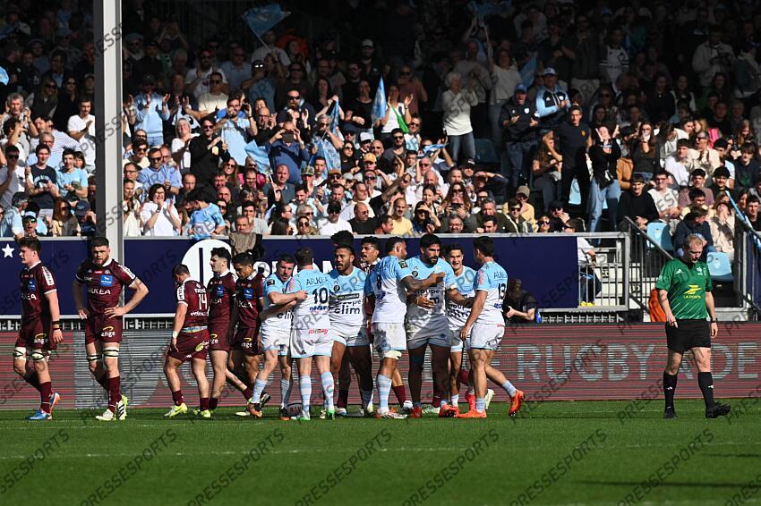 rouet (guillaume) lopez (camille) 10 tuilagi (manu) habel kuffner (giovanni) 8 bruni (rodrigo) spring (tom) martocq (guillaume) 13 BAYONNE-BORDEAUX BEGLES (36-32) joie bayonne apres l'essai de rouet à la 24e min 