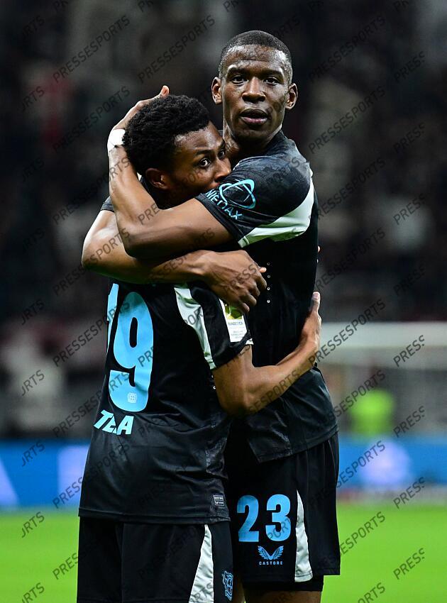 1:0 Tor, Jubel, v.l. Torschuetze Nathan Tella, Nordi Mukiele (Leverkusen) Frankfurt, 01.03.2025, Fussball, Bundesliga, Eintracht Frankfurt - Bayer 04 Leverkusen EINTRACHT FRANCFORT-BAYER 04 LEVERKUSEN (1-4) 