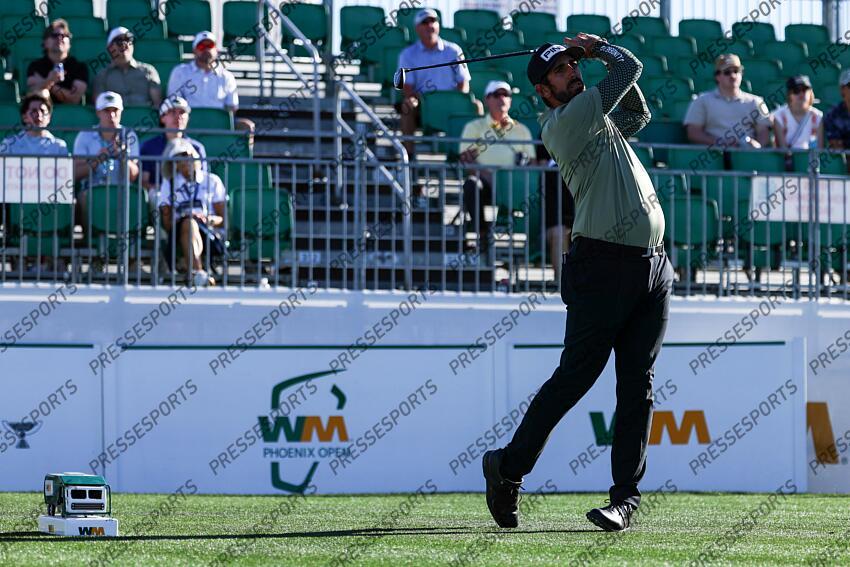 Feb 6, 2025; Scottsdale, Arizona, USA; Matthieu Pavon of France tees off on hole 1 during the first round of the WM Phoenix Open golf tournament. Mandatory Credit: Aryanna Frank-Imagn Images PGA: WM Phoenix Open - First Round 