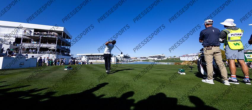 Feb 6, 2025; Scottsdale, Arizona, USA; Ryo Hisatsune of Japan hits the ball off the tee at hole 18 during the first round of the WM Phoenix Open golf tournament. Mandatory Credit: Aryanna Frank-Imagn Images PGA: WM Phoenix Open - First Round 