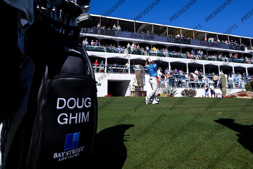 Feb 6, 2025; Scottsdale, Arizona, USA; Doug Ghim of the United States hits the ball off the tee at hole 16 during the first round of the WM Phoenix Open golf tournament. Mandatory Credit: Aryanna Frank-Imagn Images PGA: WM Phoenix Open - First Round 