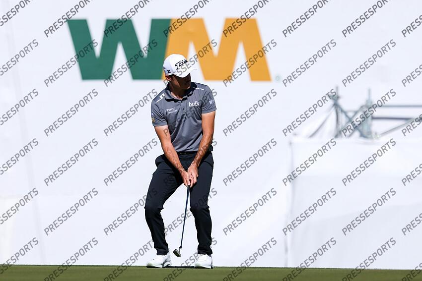 Feb 6, 2025; Scottsdale, Arizona, USA; Kris Ventura of Norway bends his knees after he putts the ball toward hole 16 during the first round of the WM Phoenix Open golf tournament. Mandatory Credit: Aryanna Frank-Imagn Images PGA: WM Phoenix Open - First Round 
