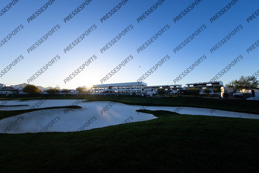 Feb 6, 2025; Scottsdale, Arizona, USA; The sun comes through hole 10 in the morning after group 14 tees off during the first round of the WM Phoenix Open golf tournament. Mandatory Credit: Aryanna Frank-Imagn Images PGA: WM Phoenix Open - First Round 