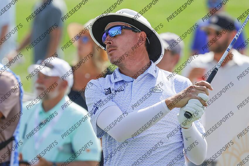Mar 1, 2025; Palm Beach Gardens, Florida, USA; Joel Dahmen plays his shot from the ninth tee during the third round of the Cognizant Classic in The Palm Beaches golf tournament. Mandatory Credit: Reinhold Matay-Imagn Images PGA: Cognizant Classic in The Palm Beaches - Third Round 