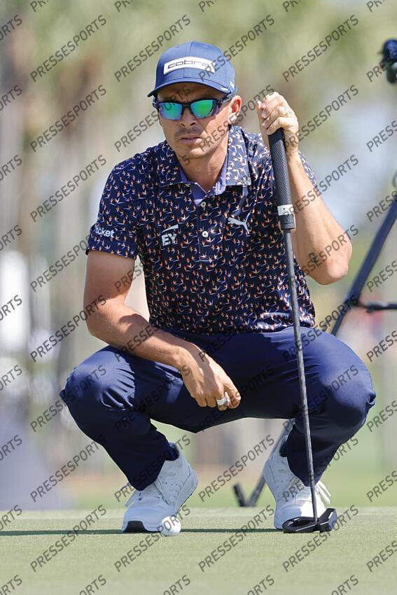 Feb 28, 2025; Palm Beach Gardens, Florida, USA; Rickie Fowler lines up a putt on the third green during the second round of the Cognizant Classic in The Palm Beaches golf tournament. Mandatory Credit: Reinhold Matay-Imagn Images PGA: Cognizant Classic in The Palm Beaches - Second Round 