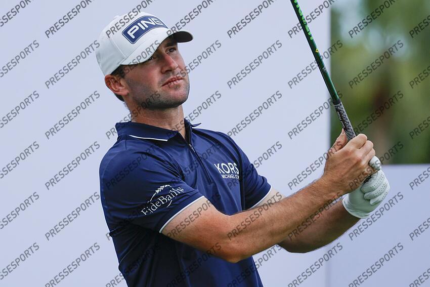 Feb 27, 2025; Palm Beach Gardens, Florida, USA; Austin Eckroat plays his shot from the tenth tee during the first round of the Cognizant Classic in The Palm Beaches golf tournament. Mandatory Credit: Reinhold Matay-Imagn Images PGA: Cognizant Classic in The Palm Beaches - First Round 