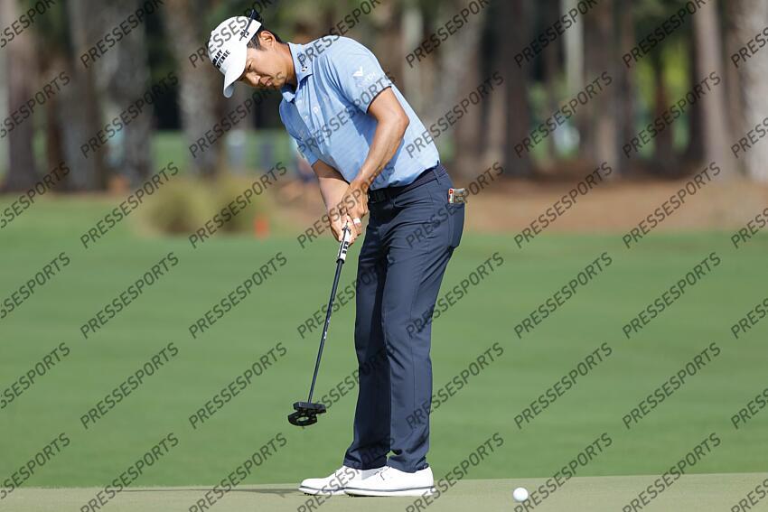 Feb 27, 2025; Palm Beach Gardens, Florida, USA; Michael Kim rolls his putt on the third green during the first round of the Cognizant Classic in The Palm Beaches golf tournament. Mandatory Credit: Reinhold Matay-Imagn Images PGA: Cognizant Classic in The Palm Beaches - First Round 