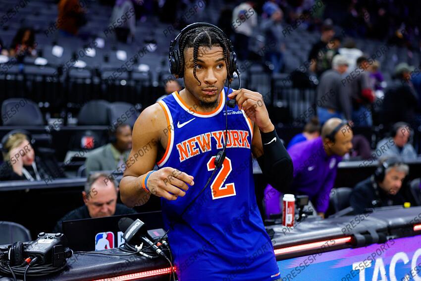 Mar 10, 2025; Sacramento, California, USA; New York Knicks guard Miles McBride (2) is interviewed by media after the game against the Sacramento Kings at Golden 1 Center. Mandatory Credit: Sergio Estrada-Imagn Images NBA: New York Knicks at Sacramento Kings 