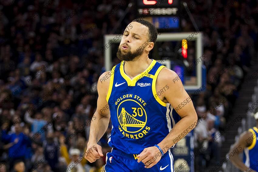 Mar 10, 2025; San Francisco, California, USA; Golden State Warriors guard Stephen Curry (30) reacts after hitting a three-point shot against the Portland Trail Blazers during the third quarter at Chase Center. Mandatory Credit: John Hefti-Imagn Images NBA: Portland Trail Blazers at Golden State Warriors 