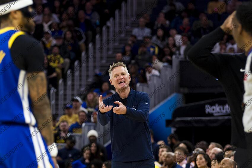 Mar 10, 2025; San Francisco, California, USA; Golden State Warriors head coach Steve Kerr reacts during the third quarter against the Portland Trail Blazers at Chase Center. Mandatory Credit: John Hefti-Imagn Images NBA: Portland Trail Blazers at Golden State Warriors 