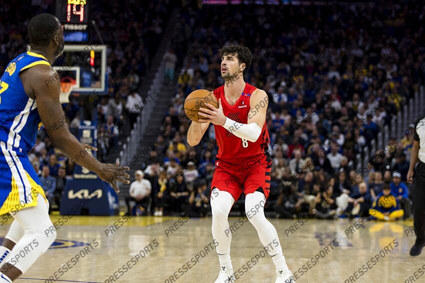 Mar 10, 2025; San Francisco, California, USA; Portland Trail Blazers forward Deni Avdija (8) looks to shoot against the Golden State Warriors during the third quarter at Chase Center. Mandatory Credit: John Hefti-Imagn Images NBA: Portland Trail Blazers at Golden State Warriors 
