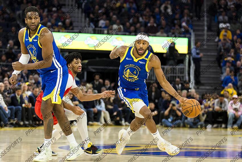 Mar 10, 2025; San Francisco, California, USA; Golden State Warriors guard Moses Moody (4) drives down the court against the Portland Trail Blazers during the second quarter at Chase Center. Mandatory Credit: John Hefti-Imagn Images NBA: Portland Trail Blazers at Golden State Warriors 