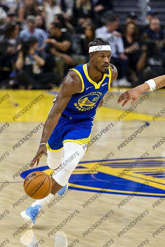 Mar 10, 2025; San Francisco, California, USA; Golden State Warriors forward Jimmy Butler III (10) dribbles against the Portland Trail Blazers during the first quarter at Chase Center. Mandatory Credit: John Hefti-Imagn Images NBA: Portland Trail Blazers at Golden State Warriors 