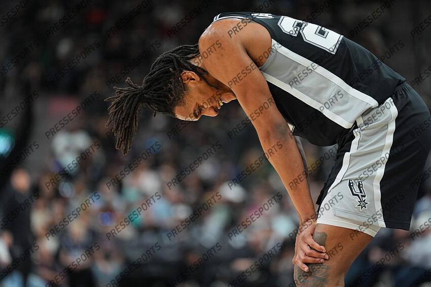 Mar 10, 2025; San Antonio, Texas, USA; San Antonio Spurs guard Devin Vassell (24) catches his breath in the second half against the Dallas Mavericks at Frost Bank Center. Mandatory Credit: Daniel Dunn-Imagn Images NBA: Dallas Mavericks at San Antonio Spurs 