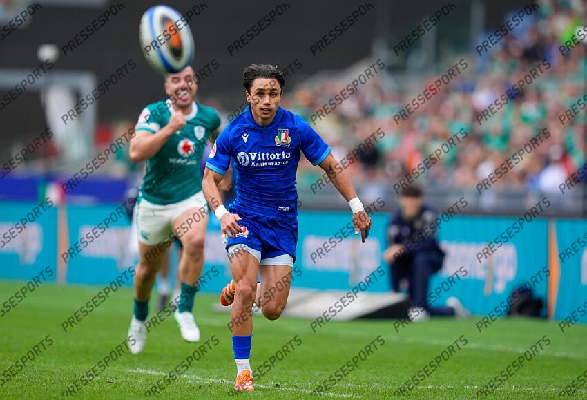 2025 Guinness Six Nations Championship Round 5, Stadio Olimpico, Rome, Italy 15/3/2025 Italy vs Ireland Italy's Ange Capuozzo chases the ball Mandatory Credit ©INPHO/Matteo Ciambelli ITALIE-IRLANDE (17-22) 