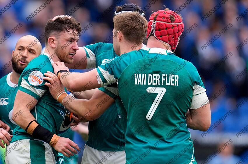 2025 Guinness Six Nations Championship Round 5, Stadio Olimpico, Rome, Italy 15/3/2025 Italy vs Ireland Ireland's Hugo Keenan celebrates scoring a try with Josh van der Flier Mandatory Credit ©INPHO/Matteo Ciambelli ITALIE-IRLANDE (17-22) 
