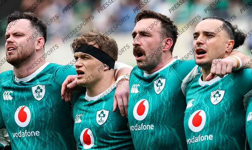 2025 Guinness Six Nations Championship Round 5, Stadio Olimpico, Rome 15/3/2025 Italy vs Ireland Ireland’s James Ryan, Josh van der Flier, Jack Conan and James Lowe during the national anthem Mandatory Credit ©INPHO/Billy Stickland ITALIE-IRLANDE (17-22) 
