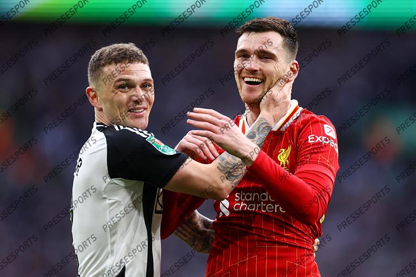 16 March 2025, London - Carabao Cup Final - Liverpool v Newcastle United - Kieran Trippier of Newcastle United and Andrew Robertson of Liverpool - Photo: Jacques Feeney / Offside. FINALE LIVERPOOL-NEWCASTLE (1-2) 