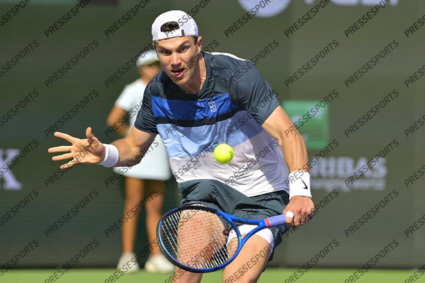 Mar 16, 2025; Indian Wells, CA, USA; Jack Draper (GBR) hits a shot as he defeated Holger Rune (not pictured) in the men 