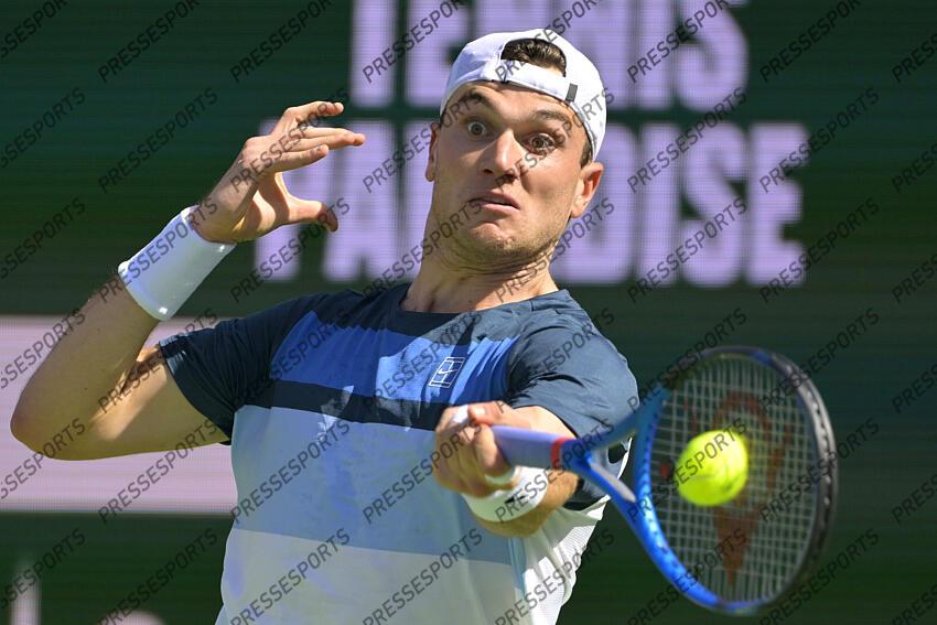 Mar 16, 2025; Indian Wells, CA, USA; Jack Draper (GBR) hits a shot as he defeated Holger Rune (not pictured) in the men 