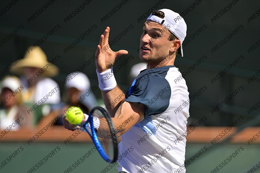 Mar 16, 2025; Indian Wells, CA, USA; Jack Draper (GBR) hits a shot as he defeated Holger Rune (not pictured) in the men 