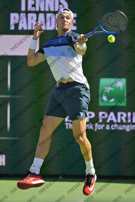 Mar 16, 2025; Indian Wells, CA, USA; Jack Draper (GBR) hits a shot as he defeated Holger Rune (not pictured) in the men 