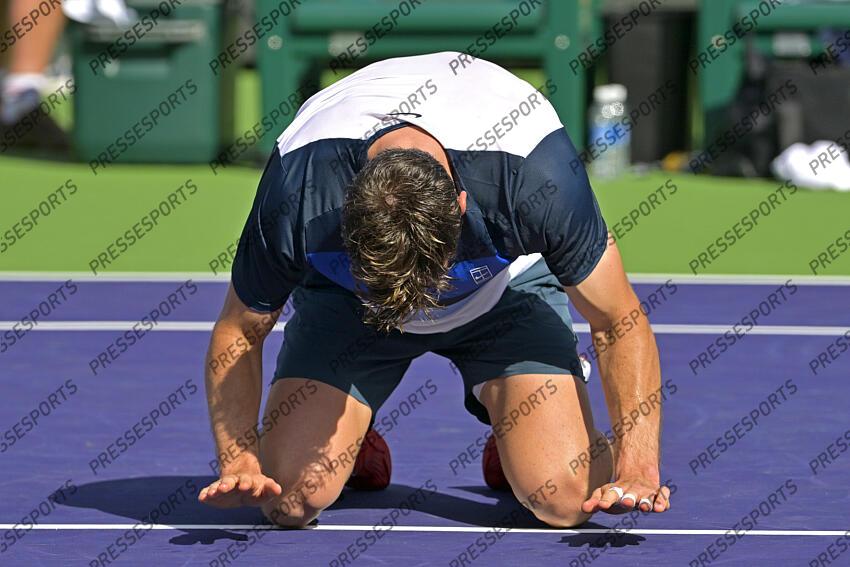 Mar 16, 2025; Indian Wells, CA, USA; Jack Draper (GBR) celebrates after defeating Holger Rune (not pictured) in the final of the BNP Paribas Open at the Indian Well Tennis Garden. Mandatory Credit: Jayne Kamin-Oncea-Imagn Images Tennis: BNP Paribas Open-Day 15 