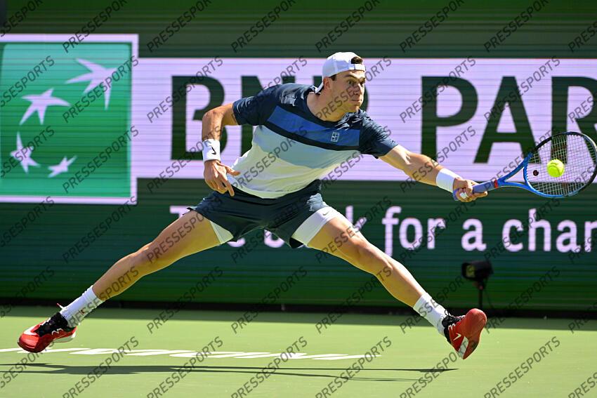 Mar 16, 2025; Indian Wells, CA, USA; Jack Draper (GBR) hits a shot as he defeated Holger Rune (not pictured) in the men 
