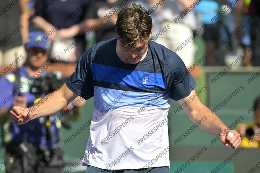 Mar 16, 2025; Indian Wells, CA, USA; Jack Draper (GBR) celebrates after defeating Holger Rune (not pictured) in the final of the BNP Paribas Open at the Indian Well Tennis Garden. Mandatory Credit: Jayne Kamin-Oncea-Imagn Images Tennis: BNP Paribas Open-Day 15 