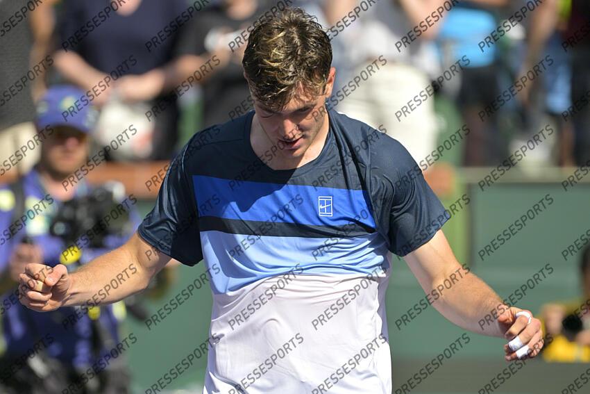Mar 16, 2025; Indian Wells, CA, USA; Jack Draper (GBR) celebrates after defeating Holger Rune (not pictured) in the final of the BNP Paribas Open at the Indian Well Tennis Garden. Mandatory Credit: Jayne Kamin-Oncea-Imagn Images Tennis: BNP Paribas Open-Day 15 