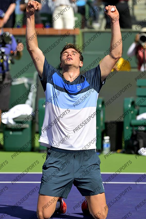 Mar 16, 2025; Indian Wells, CA, USA; Jack Draper (GBR) celebrates after defeating Holger Rune (not pictured) in the final of the BNP Paribas Open at the Indian Well Tennis Garden. Mandatory Credit: Jayne Kamin-Oncea-Imagn Images Tennis: BNP Paribas Open-Day 15 