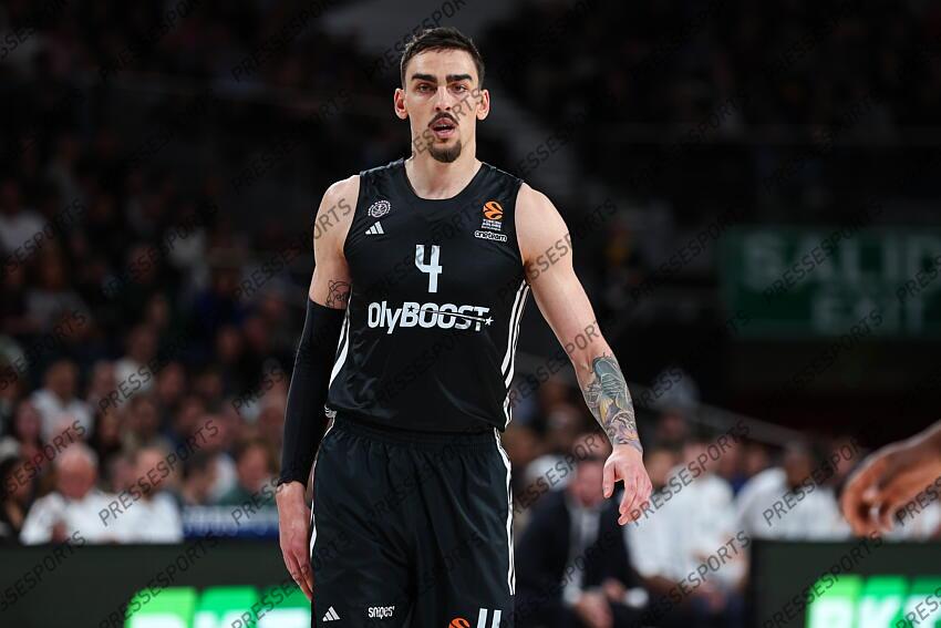 Leopold Cavaliere of Paris Basketball gestures during the Turkish Airlines EuroLeague Regular Season Round 33 match between Real Madrid and Paris Basketball at Movistar Arena on April 03, 2025 in Madrid, Spain. REAL MADRID-PARIS BASKETBALL (105-104) 