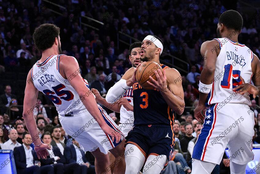 Apr 1, 2025; New York, New York, USA; New York Knicks guard Josh Hart (3) looks to shoot the ball as Philadelphia 76ers forward Alex Reese (65) defends during the first half at Madison Square Garden. Mandatory Credit: John Jones-Imagn Images NBA: Philadelphia 76ers at New York Knicks 