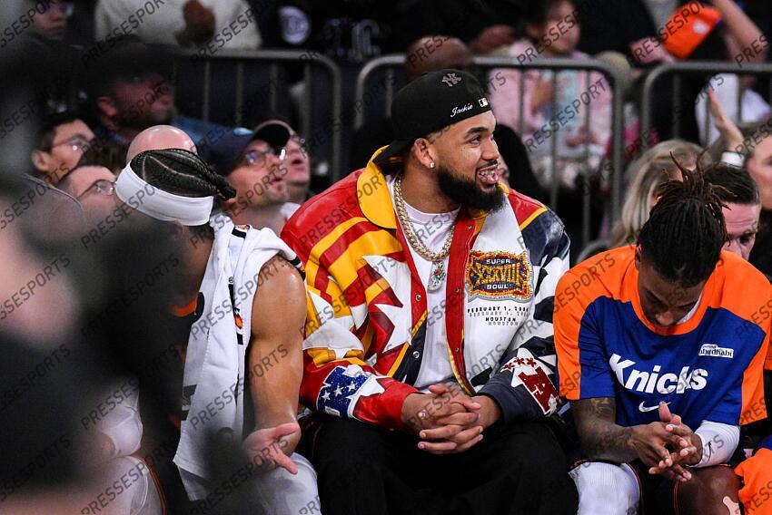 Apr 1, 2025; New York, New York, USA; New York Knicks center Karl-Anthony Towns looks on during the second half against the Philadelphia 76ers at Madison Square Garden. Mandatory Credit: John Jones-Imagn Images NBA: Philadelphia 76ers at New York Knicks 