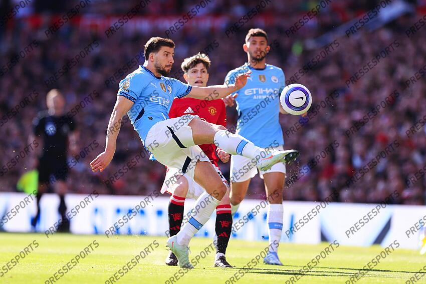 6th April 2025 - Premier League - Manchester United v Manchester City - Ruben Dias of Manchester City clears from Alejandro Garnacho of Manchester United - Photo: Simon Stacpoole / Offside. MANCHESTER UNITED-MANCHESTER CITY (0-0) 