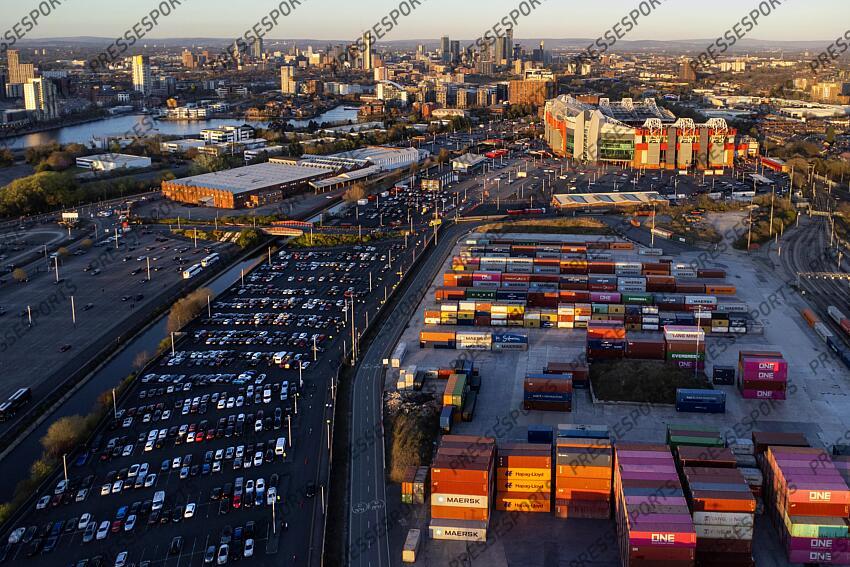 6th April 2025 - Premier League - Manchester United v Manchester City - A general aerial view (GV) of Old Trafford showing the Manchester International Freight Terminal earmarked as the site for the proposed new Manchester United stadium after the match - Photo: Simon Stacpoole / Offside. MANCHESTER UNITED-MANCHESTER CITY (0-0) 