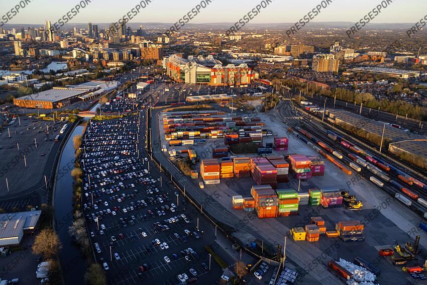 6th April 2025 - Premier League - Manchester United v Manchester City - A general aerial view (GV) of Old Trafford showing the Manchester International Freight Terminal earmarked as the site for the proposed new Manchester United stadium - Photo: Simon Stacpoole / Offside. MANCHESTER UNITED-MANCHESTER CITY (0-0) 