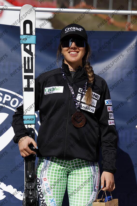 MERIBEL, FRANCE - APRIL 03-04: Cande Moreno of Team Andorra takes 3rd place during the French Alpine Ski Championships Men's and Women's Super G on April 03-04, 2025 in Meribel, France. (Photo by Christophe Pallot/Agence Zoom) SUPER G FEMMES MERIBEL 