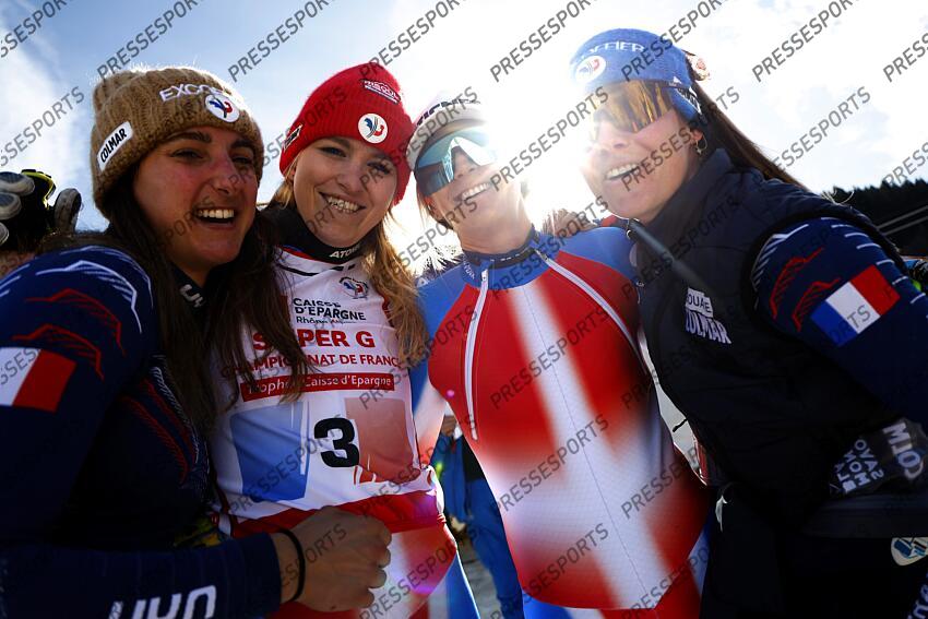 MERIBEL, FRANCE - APRIL 03-04: Doriane Escane of Team France A general view, Camille Cerutti of Team France A general view, Laura Gauche of Team France A general view, Clara Direz of Team France A general view during the French Alpine Ski Championships Men's and Women's Super G on April 03-04, 2025 in Meribel, France. (Photo by Christophe Pallot/Agence Zoom) SUPER G FEMMES MERIBEL 