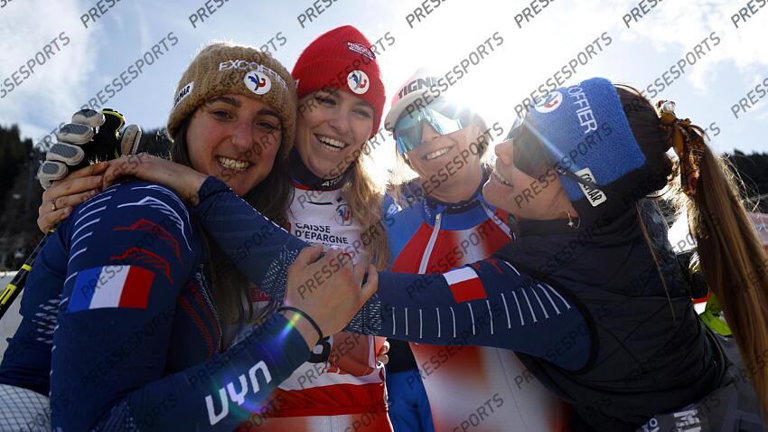 MERIBEL, FRANCE - APRIL 03-04: Doriane Escane of Team France A general view, Camille Cerutti of Team France A general view, Laura Gauche of Team France A general view, Clara Direz of Team France A general view during the French Alpine Ski Championships Men's and Women's Super G on April 03-04, 2025 in Meribel, France. (Photo by Christophe Pallot/Agence Zoom) SUPER G FEMMES MERIBEL 