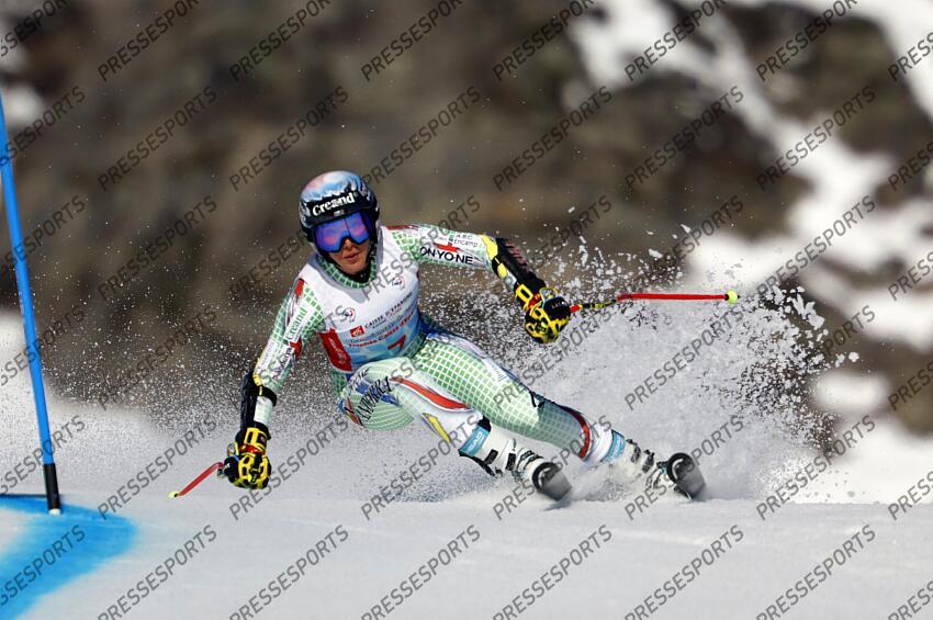 MERIBEL, FRANCE - APRIL 03-04: Cande Moreno of Team Andorra in action during the French Alpine Ski Championships Men's and Women's Super G on April 03-04, 2025 in Meribel, France. (Photo by Christophe Pallot/Agence Zoom) SUPER G FEMMES MERIBEL 